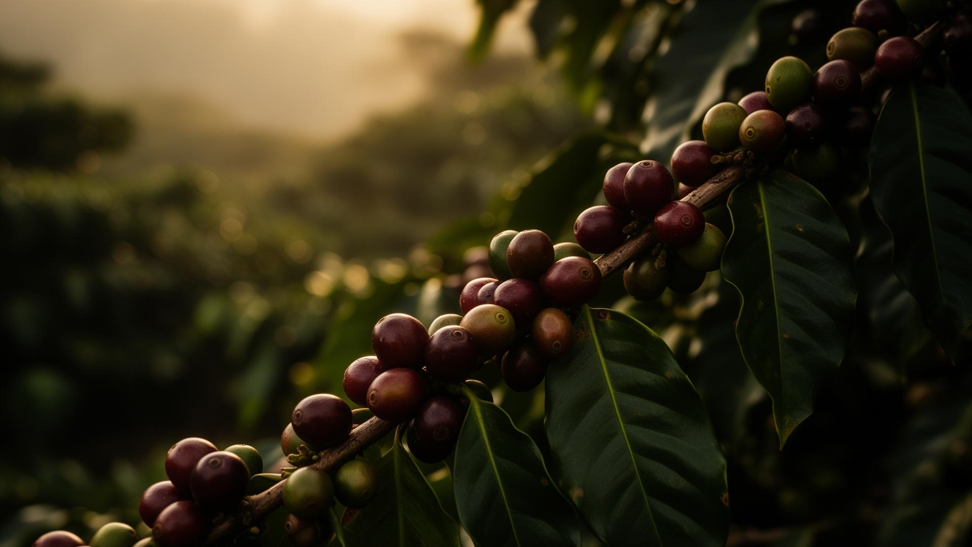 Galho de café com cerejas maduras ao amanhecer